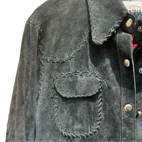 Saguaro Western Black Suede Shirt Jacket w/ Whipstitched Edges Flannel Lined (M) - Picture 5 of 11